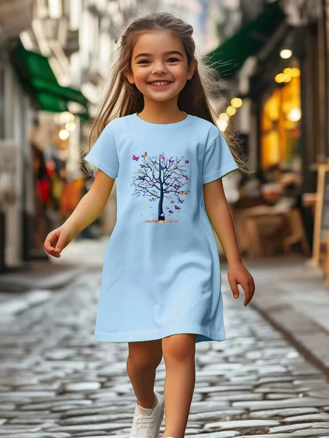 Summer loose fit beautiful butterfly tree printed short sleeved dress, soft and breathable girls' casual dress
Summer loose fit beautiful butterfly tree printed short sleeved dress, soft and breathable girls' casual dress