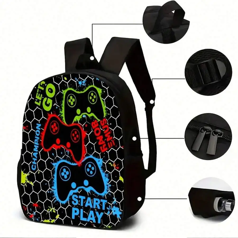 Gaming Theme Backpack With Honeycomb Pattern And Fluorescent Controllers
Gaming Theme Backpack With Honeycomb Pattern And Fluorescent Controllers