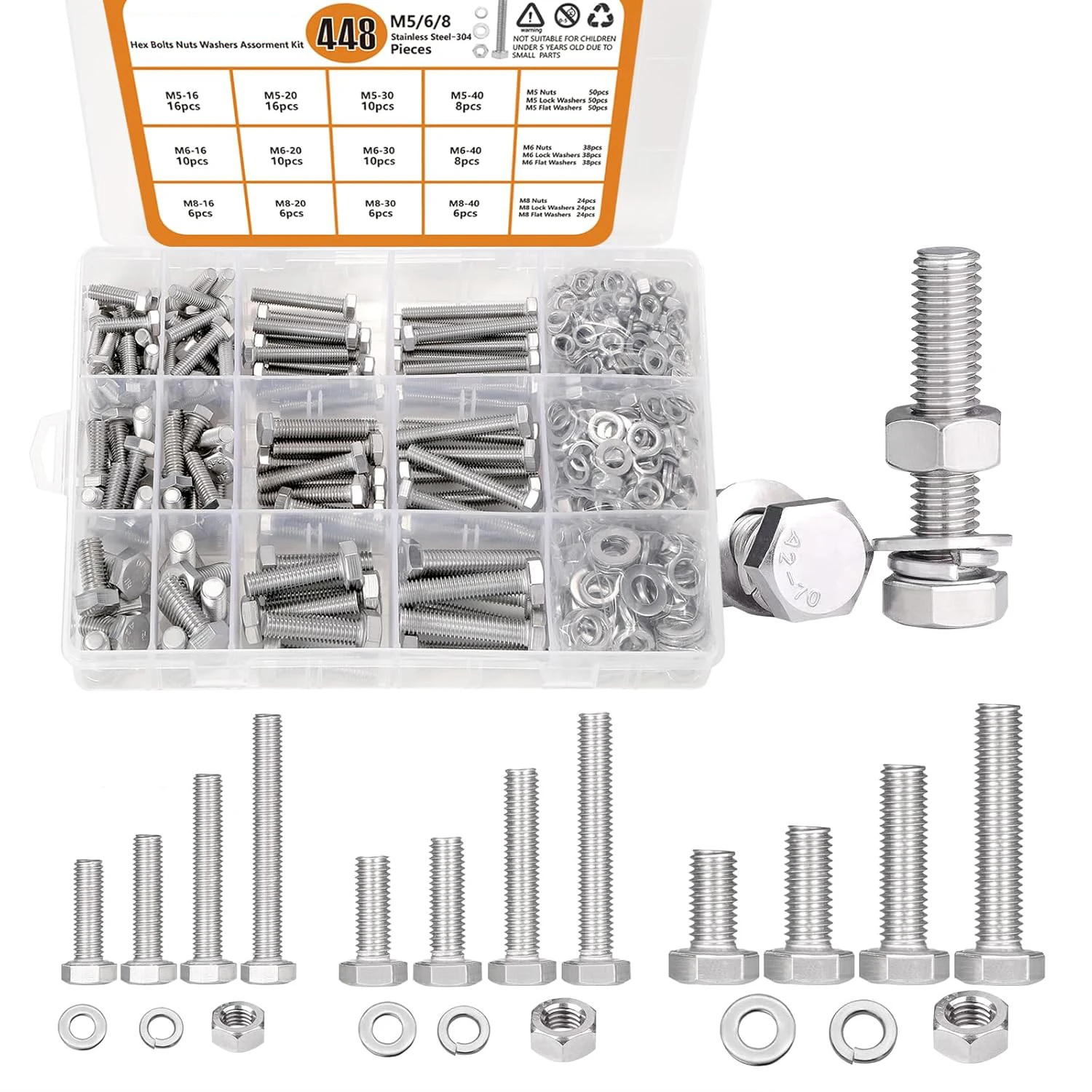 448 pieces of M5/M6/M8 hexagon head bolt and nut sets, 304 stainless steel hexagon metric bolt, nut and washer sets with flat lo
448 pieces of M5/M6/M8 hexagon head bolt and nut sets, 304 stainless steel hexagon metric bolt, nut and washer sets with flat lo
