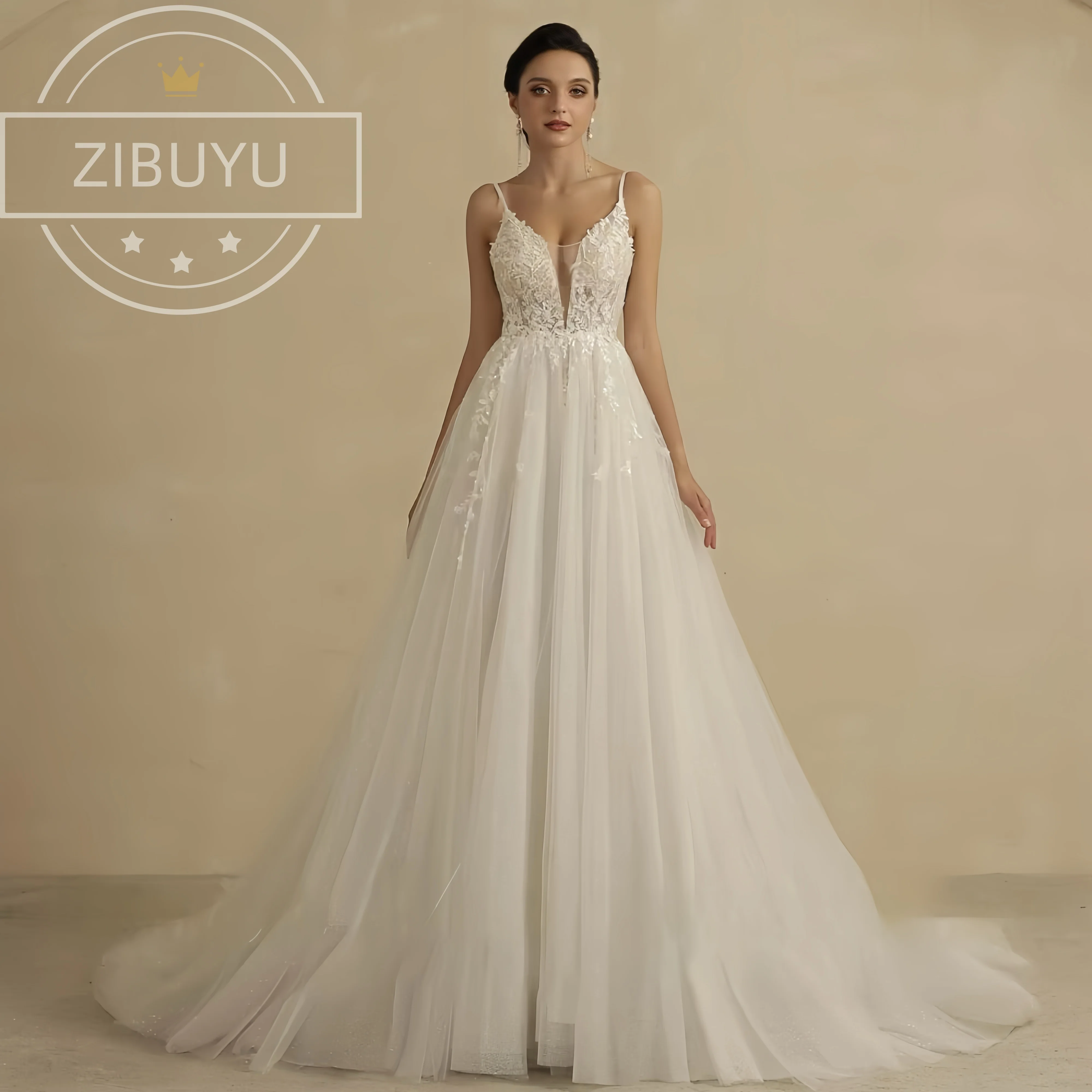 ZIBUYU 2025 Simple Spaghetti Strap Deep V Neck Tulle Lace Applique Wedding Dresses Backless Floor Length Bridal Gowns Customized
ZIBUYU 2025 Simple Spaghetti Strap Deep V Neck Tulle Lace Applique Wedding Dresses Backless Floor Length Bridal Gowns Customized