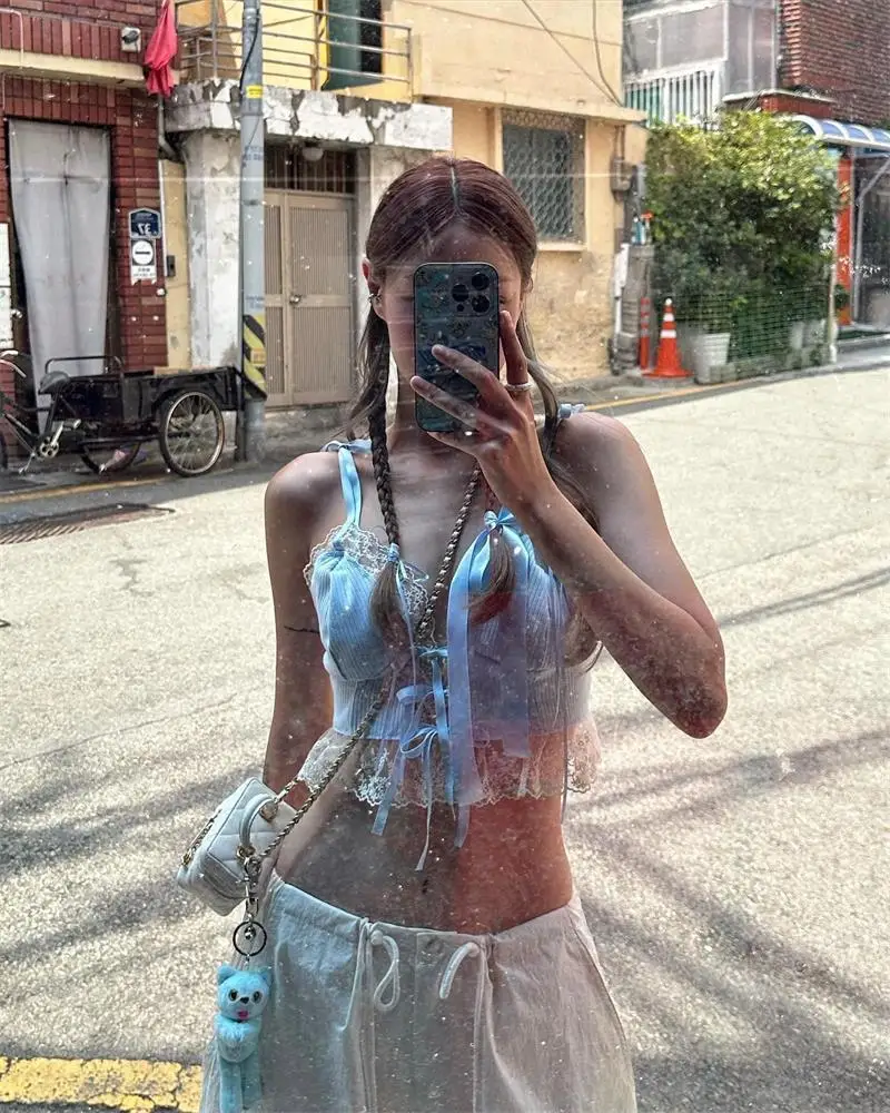 Women Summer Lace Trim Tops Blue Ribbed Bow Tie Backless Spaghetti Strap Crop Top Cute Sweet Girl Sleeveless Suspenders 2025 New
Women Summer Lace Trim Tops Blue Ribbed Bow Tie Backless Spaghetti Strap Crop Top Cute Sweet Girl Sleeveless Suspenders 2025 New