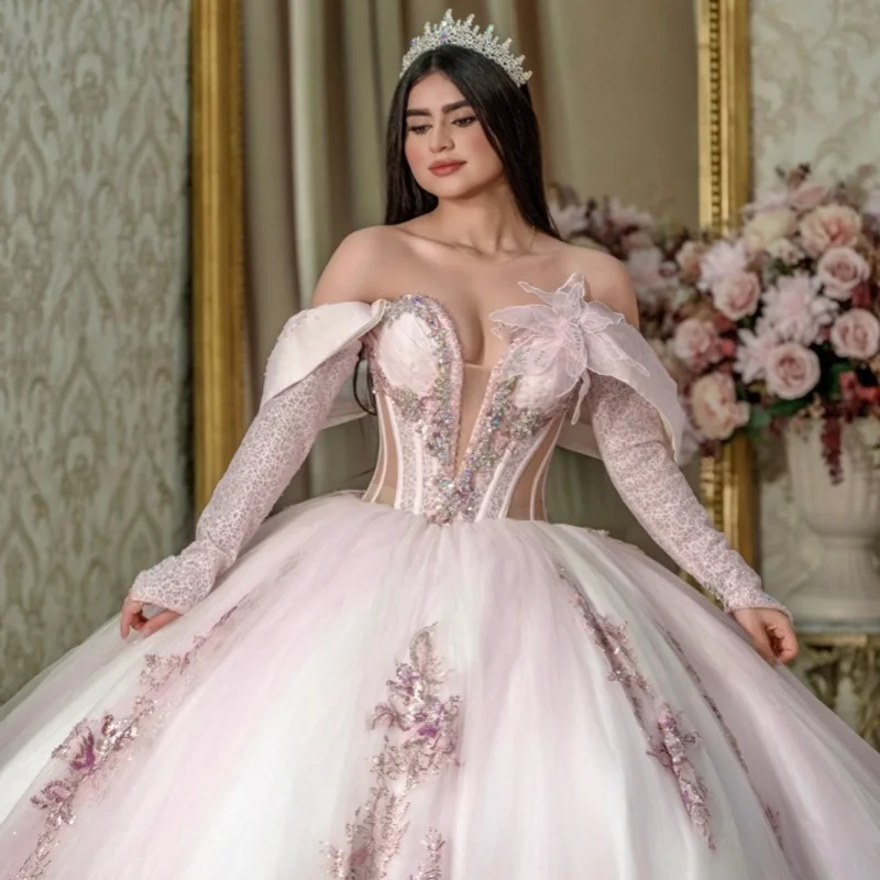 Light Pink Quinceanera Dress off-shoulder Glitter Flower Crystal Decal Long tail Bow vestidos de 15 Quinceanera Customize
Light Pink Quinceanera Dress off-shoulder Glitter Flower Crystal Decal Long tail Bow vestidos de 15 Quinceanera Customize