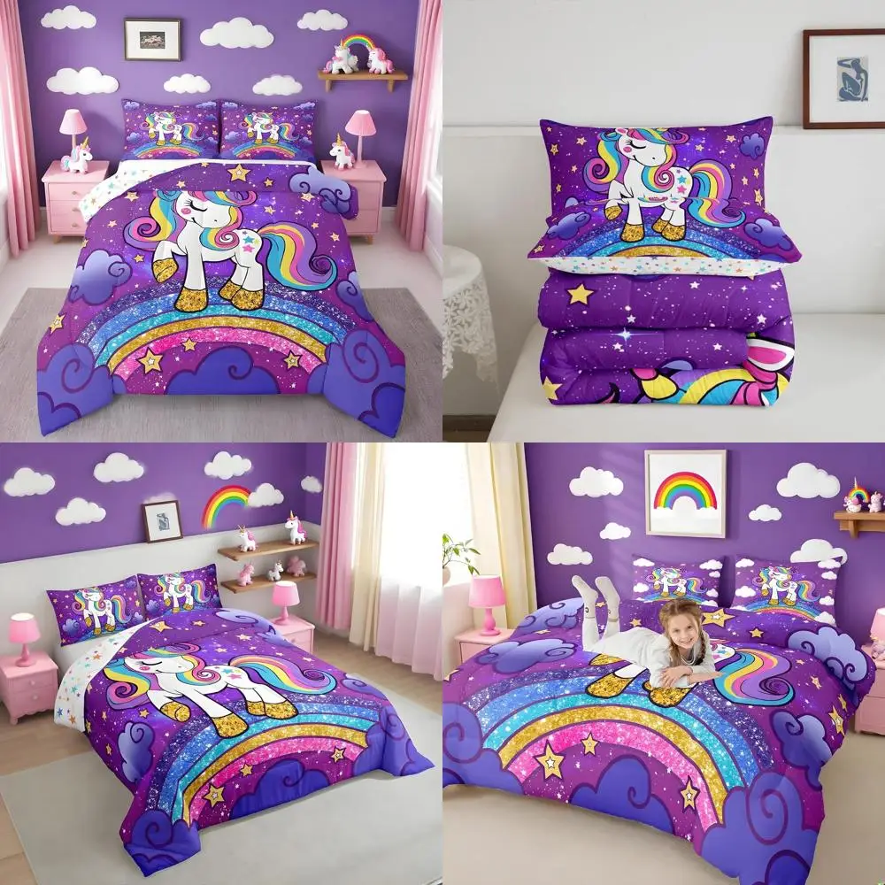 Purple Kawaii Unicorn Queen Bedding Set with Star Print, Rainbow Cartoon Quilt, All-Season Comforter for Girls Bedroom Decor
Purple Kawaii Unicorn Queen Bedding Set with Star Print, Rainbow Cartoon Quilt, All-Season Comforter for Girls Bedroom Decor