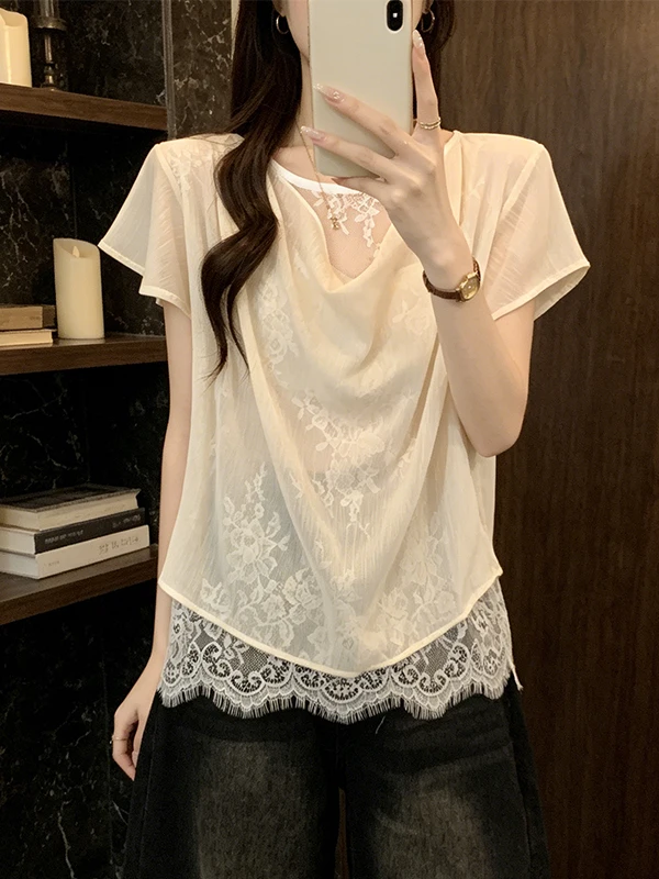 Korean Style Lace Design Splice Chiffon Short Sleeve Shirt Summer 2026 New plus Size Women's Clothing Belly Covering Fly Slee...
Korean Style Lace Design Splice Chiffon Short Sleeve Shirt Summer 2026 New plus Size Women's Clothing Belly Covering Fly Slee...