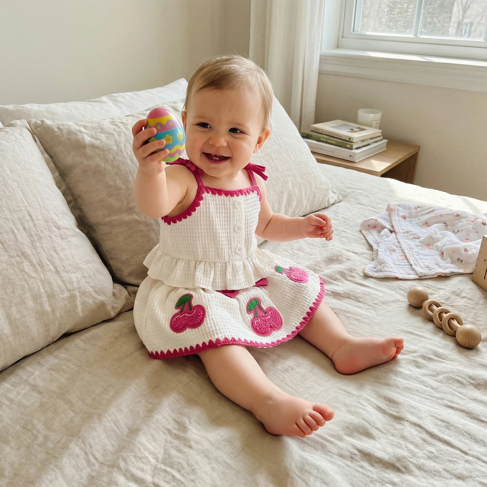 Sweet Baby Girl Summer Outfit Contrast Trim Ruffled Hem Cami Tops Cherry Applique Bow Skorts 2 Piece Girls Set
Sweet Baby Girl Summer Outfit Contrast Trim Ruffled Hem Cami Tops Cherry Applique Bow Skorts 2 Piece Girls Set