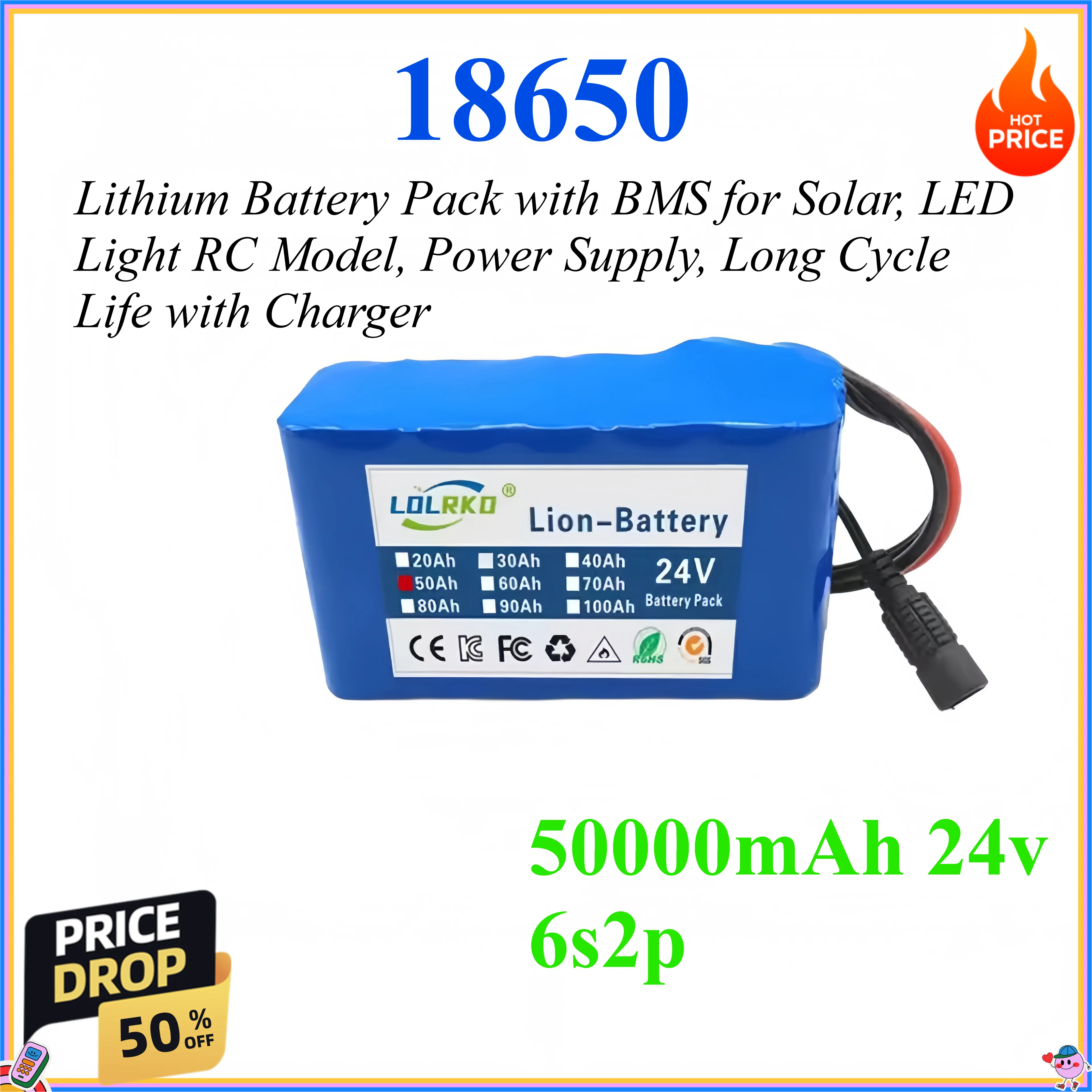 18650 50000mAh 24v 6s2p Lithium Battery Pack with BMS for Solar, LED Light RC Model, Power Supply, Long Cycle Life with Charger
18650 50000mAh 24v 6s2p Lithium Battery Pack with BMS for Solar, LED Light RC Model, Power Supply, Long Cycle Life with Charger