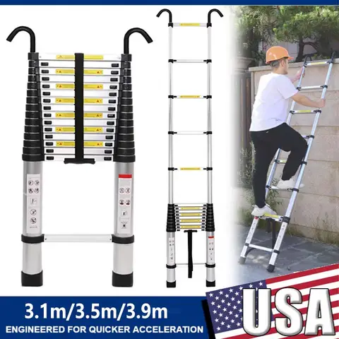 Escalera telescópica de 3,1 m, 3,5 m, 3,9 m con ganchos desmontables y pies antideslizantes, escalones de escalera Industrial plegables de aluminio para el hogar