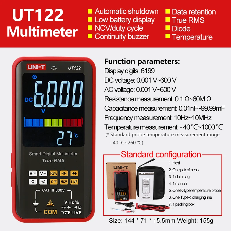 UNI-T UT122 Smart Digital Multimeter AC DC Voltage Tester Multimeter True RMS Digital Capacimeter Frequency Meter
UNI-T UT122 Smart Digital Multimeter AC DC Voltage Tester Multimeter True RMS Digital Capacimeter Frequency Meter