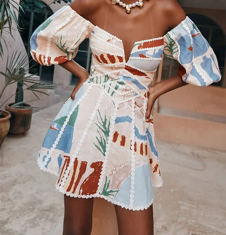 2024 Women's Summer New Print Backless Puffs Sleeve A-line Mini Dress Women's V-neck Off-the-shoulder Short Skirt Outdoor Wear
2024 Women's Summer New Print Backless Puffs Sleeve A-line Mini Dress Women's V-neck Off-the-shoulder Short Skirt Outdoor Wear