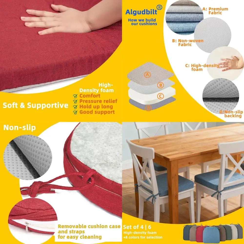 Set of 4 or 6 Thick Foam Seat Cushions with Ties and Removable Washable Covers for Dining Chairs, Various Colors
Set of 4 or 6 Thick Foam Seat Cushions with Ties and Removable Washable Covers for Dining Chairs, Various Colors