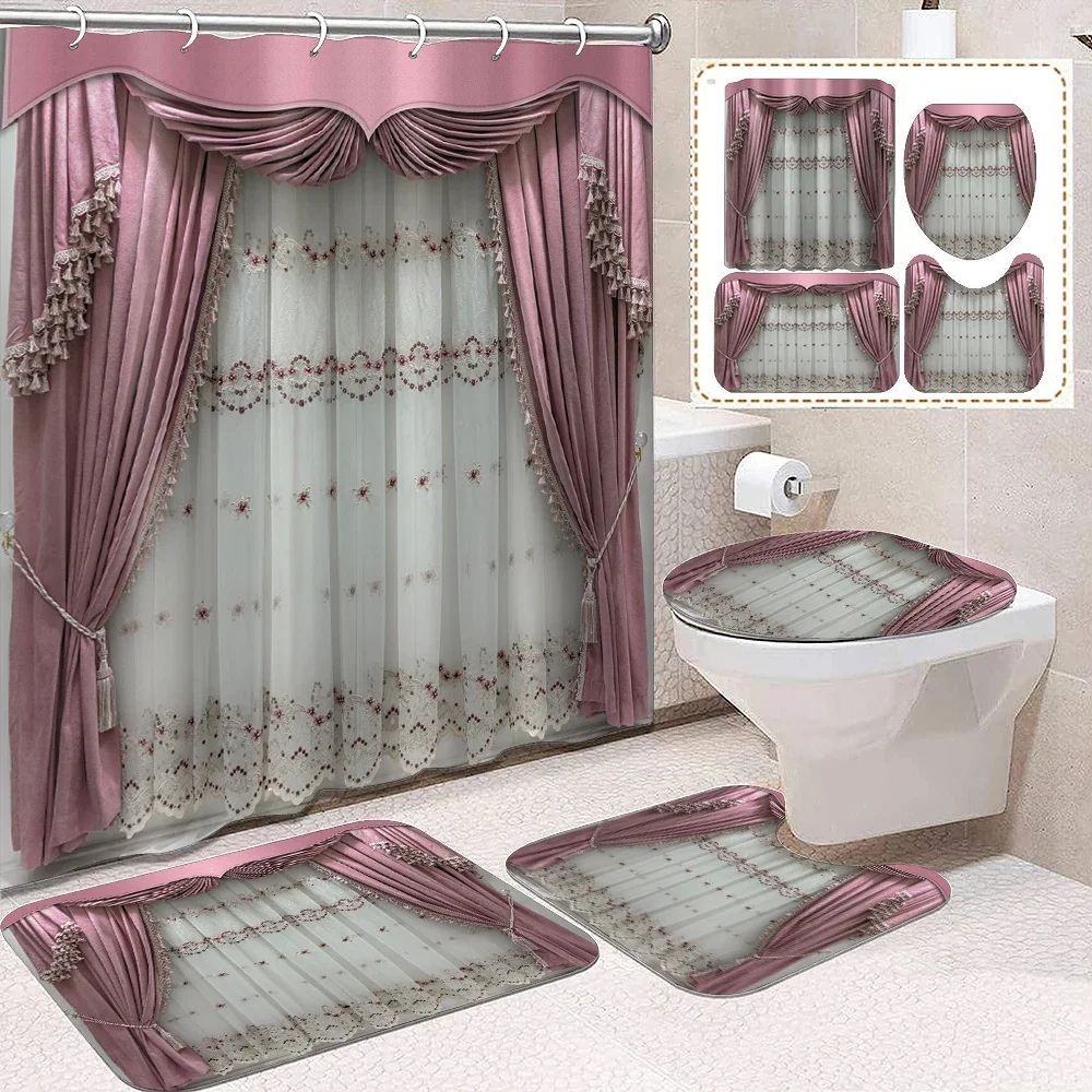 1 set of pink grey imitation curtain printed shower curtains, summer style, with 12 hooks and bathroom floor mats
1 set of pink grey imitation curtain printed shower curtains, summer style, with 12 hooks and bathroom floor mats