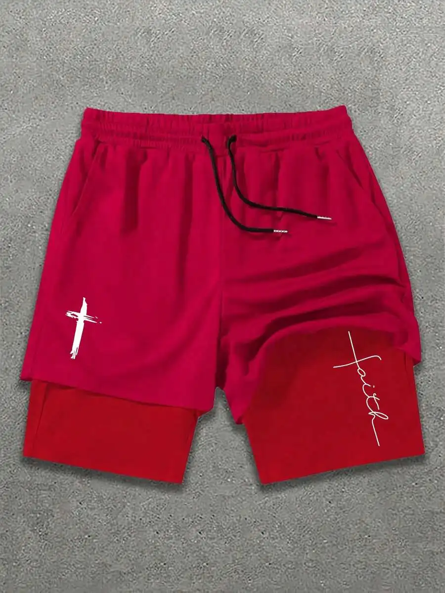 Mens Red Knit Shorts Featuring White Cross And Faith Script, Elastic Waist With Black Drawstring
Mens Red Knit Shorts Featuring White Cross And Faith Script, Elastic Waist With Black Drawstring