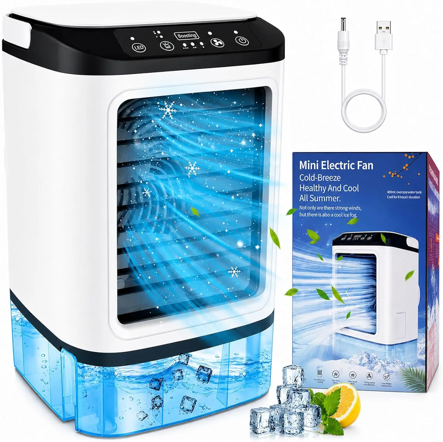 Evaporative Air Cooler with 900ml Water Tank & Ice Box, 7-Color LED Light, 3 Fan Speeds + Boost Mode & 2 Mist Levels, Portable Personal AC Fan for Bedroom Office Desk Car
Evaporative Air Cooler with 900ml Water Tank & Ice Box, 7-Color LED Light, 3 Fan Speeds + Boost Mode & 2 Mist Levels, Portable Personal AC Fan for Bedroom Office Desk Car