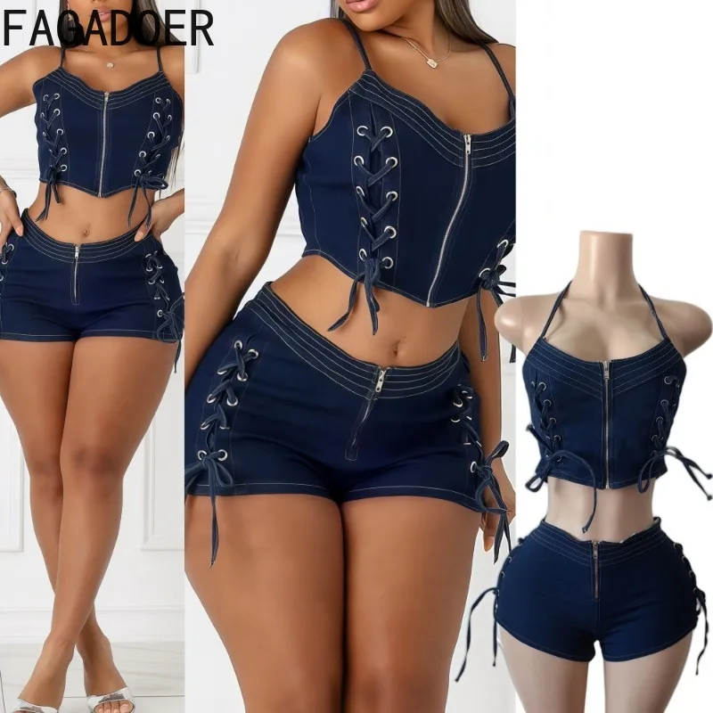 FAGADOER Sexy Denim 2 Pieces Set for Woman Spaghetti Strap Bandage Patchwork Corset Top and Shorts Matching Female Streetwear
FAGADOER Sexy Denim 2 Pieces Set for Woman Spaghetti Strap Bandage Patchwork Corset Top and Shorts Matching Female Streetwear