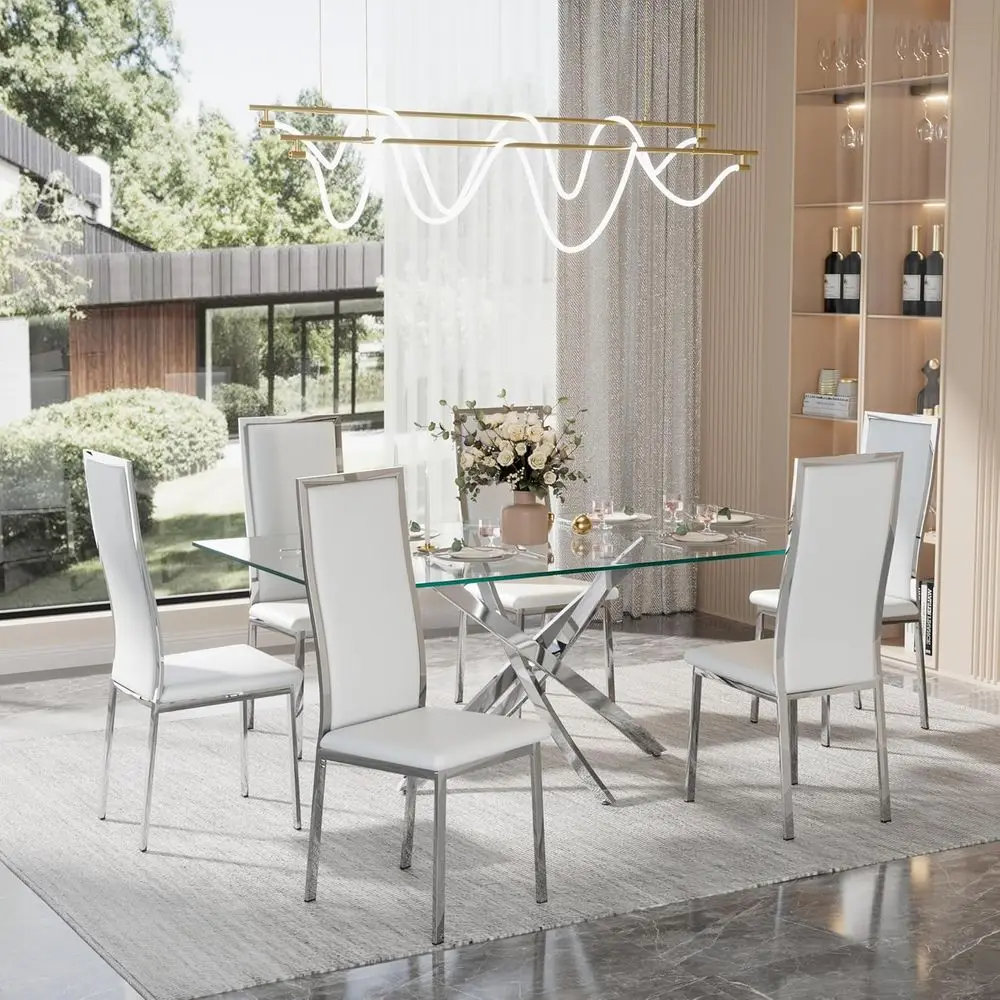 Mid-Century Modern Dining Chairs Set of 6, White Faux Leather with Chrome Legs, Curved High Back, Cloud Cushioning, Non-Slip Sea
Mid-Century Modern Dining Chairs Set of 6, White Faux Leather with Chrome Legs, Curved High Back, Cloud Cushioning, Non-Slip Sea