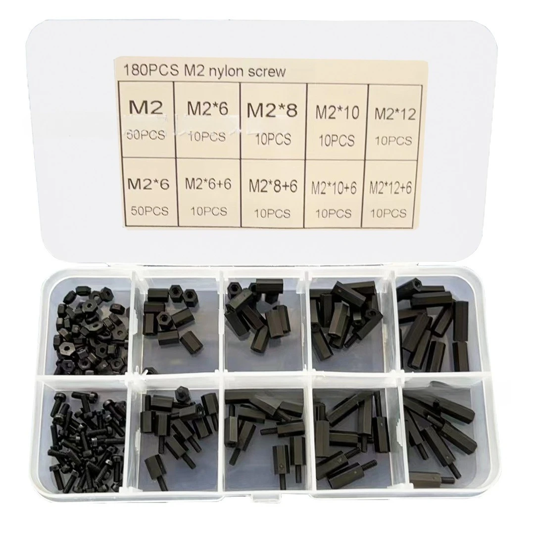 180Pcs Boxed Black Nylon M2 Phillips Round Head Screw Hex Nut Single Double Pass Isolation Spacer Kit
180Pcs Boxed Black Nylon M2 Phillips Round Head Screw Hex Nut Single Double Pass Isolation Spacer Kit