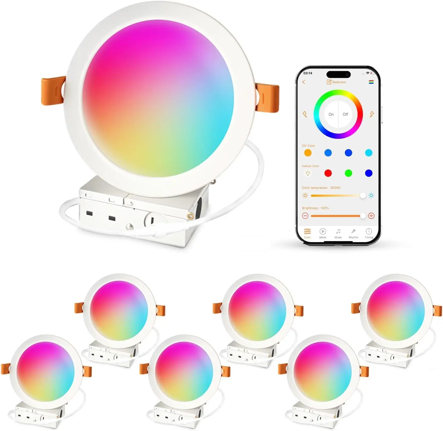 6 Inch LED Recessed Light, RGB+CCT 2700K-6000K, 14W 1400LM, CRI90, Bluetooth Mesh, 6 Pack
6 Inch LED Recessed Light, RGB+CCT 2700K-6000K, 14W 1400LM, CRI90, Bluetooth Mesh, 6 Pack