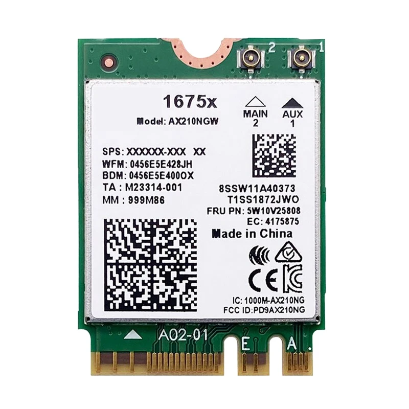 For 1675X Green Wifi Card AX210NGW AX1675X Wi-Fi 6E 802.11AX 2.4G 5G 6G 5374Mbps Bluetooth 5.2 M.2 NGFF Wifi Adapter
For 1675X Green Wifi Card AX210NGW AX1675X Wi-Fi 6E 802.11AX 2.4G 5G 6G 5374Mbps Bluetooth 5.2 M.2 NGFF Wifi Adapter