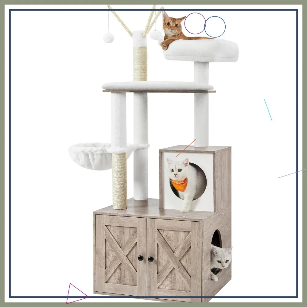 59-Inch Cat Tree with Litter Box Enclosure, 2-in-1 Cat Tower with Scratching Posts, Washable Cushion, Greige
59-Inch Cat Tree with Litter Box Enclosure, 2-in-1 Cat Tower with Scratching Posts, Washable Cushion, Greige