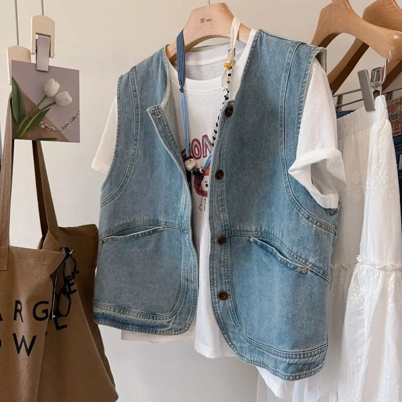 Korean Hong Kong Washed Denim round Neck Short Vest Women Summer Outerwear Tank Top Thin Sleeveless Top Dream Qing Sha Po
Korean Hong Kong Washed Denim round Neck Short Vest Women Summer Outerwear Tank Top Thin Sleeveless Top Dream Qing Sha Po
