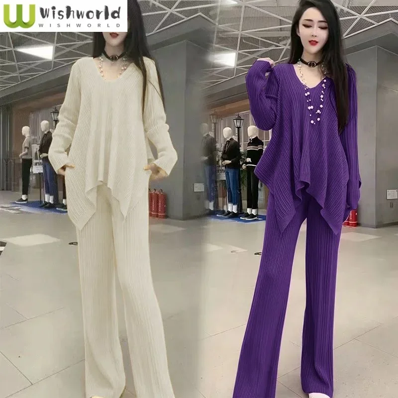 V-neck Long Sleeved Pleated Pullover Casual Wide Leg Pants Two-piece Set Elegant Women's Pants Set Autumn Outfits
V-neck Long Sleeved Pleated Pullover Casual Wide Leg Pants Two-piece Set Elegant Women's Pants Set Autumn Outfits