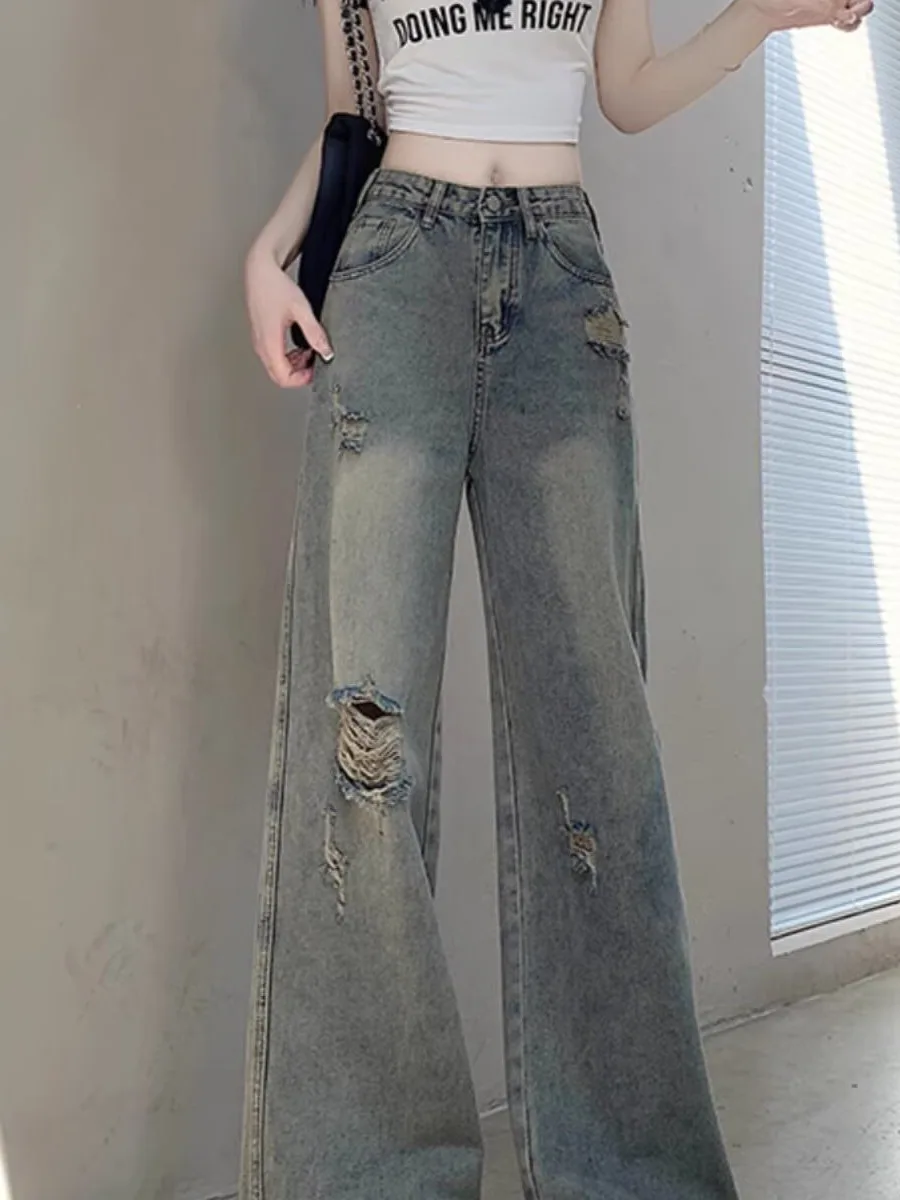 Retro Washed Distressed Denim Jeans High Waist Wide Leg Pants for Women Summer Casual Wear Comfortable Loose Fit Straight Cut
Retro Washed Distressed Denim Jeans High Waist Wide Leg Pants for Women Summer Casual Wear Comfortable Loose Fit Straight Cut