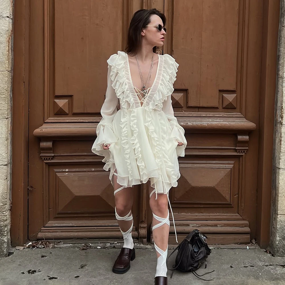 Talenza Elegant Ruffled Lace-up Mini Dress Women's Solid V-Neck Long Sleeve Fashion A-Line Dress High Waist Spliced Mini Dress
Talenza Elegant Ruffled Lace-up Mini Dress Women's Solid V-Neck Long Sleeve Fashion A-Line Dress High Waist Spliced Mini Dress