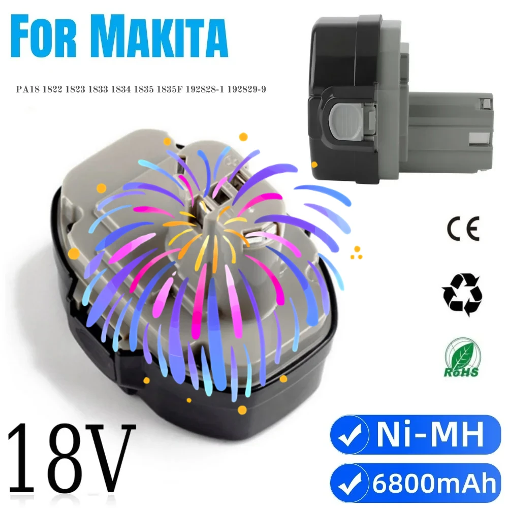 For Makita 18V 6800mAh Ni-MH Battery Replacement Compatible with PA18 1822 1823 1833 1834 1835 1835F 192828-1 192829-9
For Makita 18V 6800mAh Ni-MH Battery Replacement Compatible with PA18 1822 1823 1833 1834 1835 1835F 192828-1 192829-9