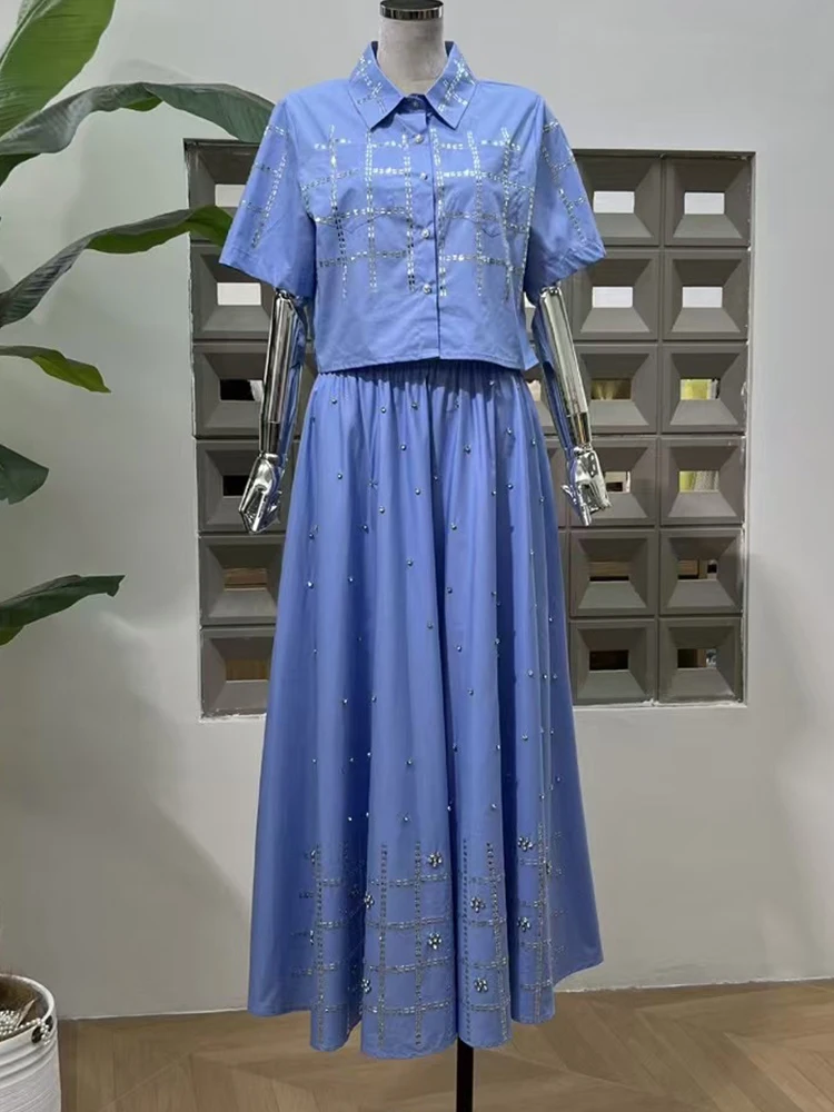 In the summer of 2025, the new temperament female suit lapel rhinestone short shirt+high waist A-shaped skirt fashion two-piece
In the summer of 2025, the new temperament female suit lapel rhinestone short shirt+high waist A-shaped skirt fashion two-piece