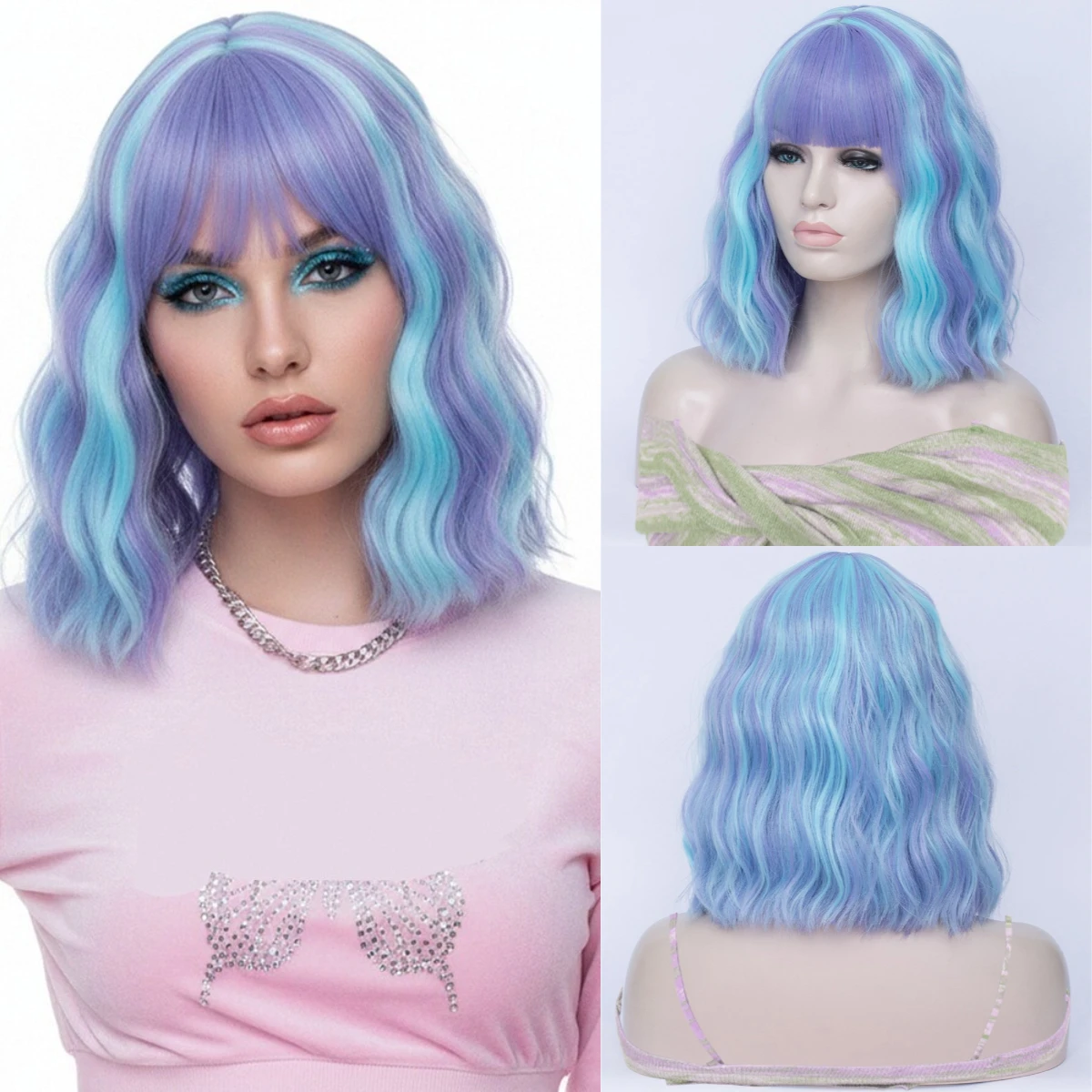 Synthetic Purple Mixed Blue Wig With Bangs Short Wavy Curly Wigs For Women Cosplay Daily Party Wig High Temperature Fiber
Synthetic Purple Mixed Blue Wig With Bangs Short Wavy Curly Wigs For Women Cosplay Daily Party Wig High Temperature Fiber