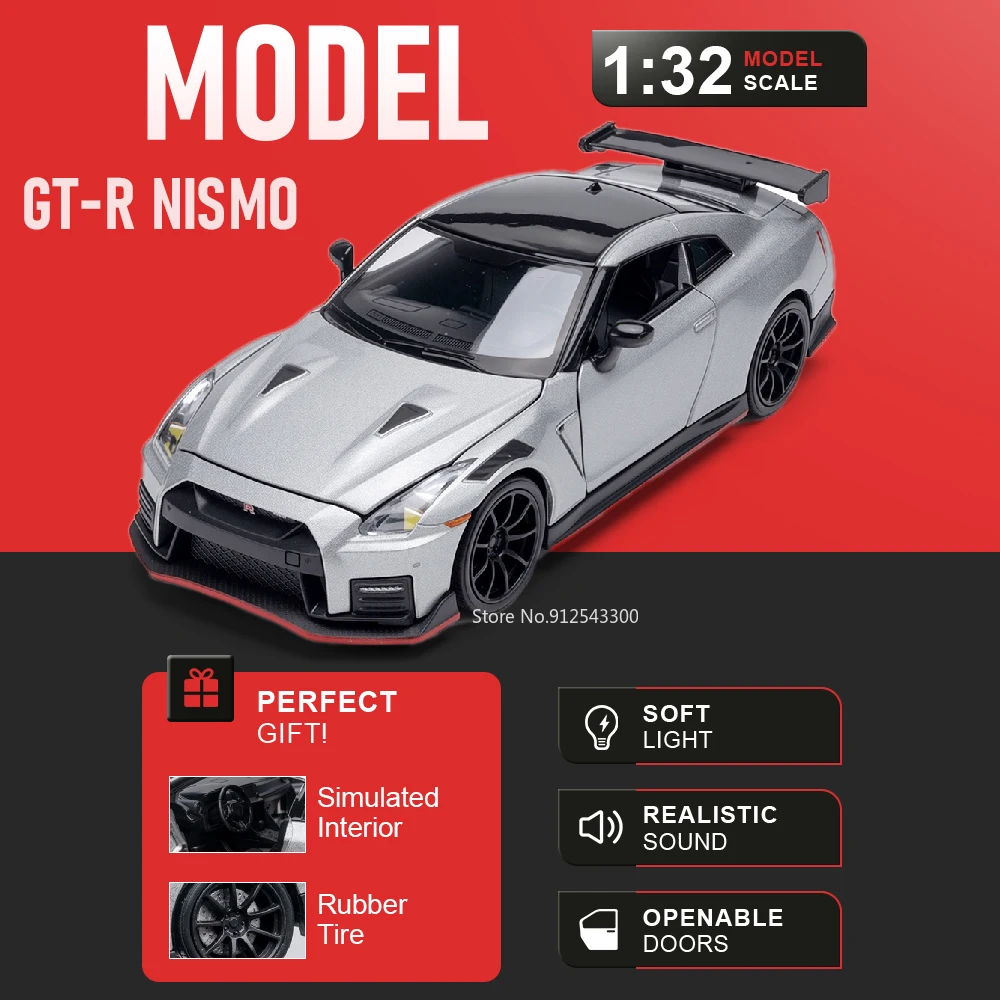 Масштабная модель автомобиля Nissan GT-R Nismo 1:32, игрушка с открывающимся капотом, металлическая литая модель, со светом и музыкой, изысканный подарок
Масштабная модель автомобиля Nissan GT-R Nismo 1:32, игрушка с открывающимся капотом, металлическая литая модель, со светом и музыкой, изысканный подарок