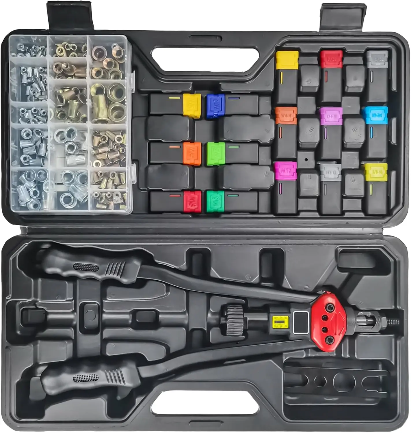16" Professional Rivet Nut Tool Kit with Visual Stroke Indicator, Includes 15 Metric & SAE Mandrels for Threaded Inserts
16" Professional Rivet Nut Tool Kit with Visual Stroke Indicator, Includes 15 Metric & SAE Mandrels for Threaded Inserts