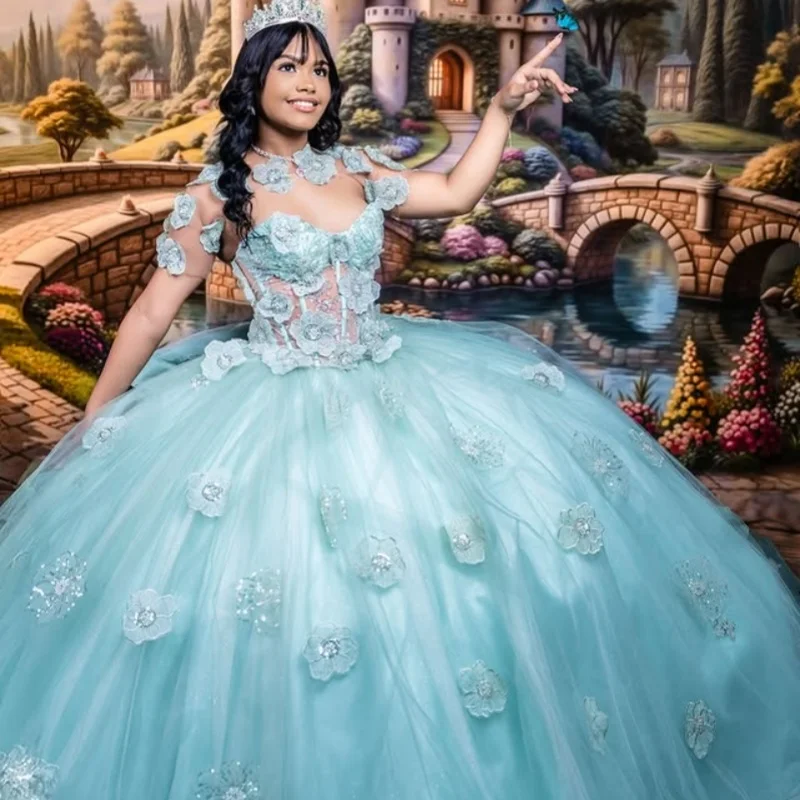 Aqua blue Quinceanera Dress off-shoulder Lace sequins flower decal Long tail Bow vestidos de 15 Quinceanera Customize
Aqua blue Quinceanera Dress off-shoulder Lace sequins flower decal Long tail Bow vestidos de 15 Quinceanera Customize