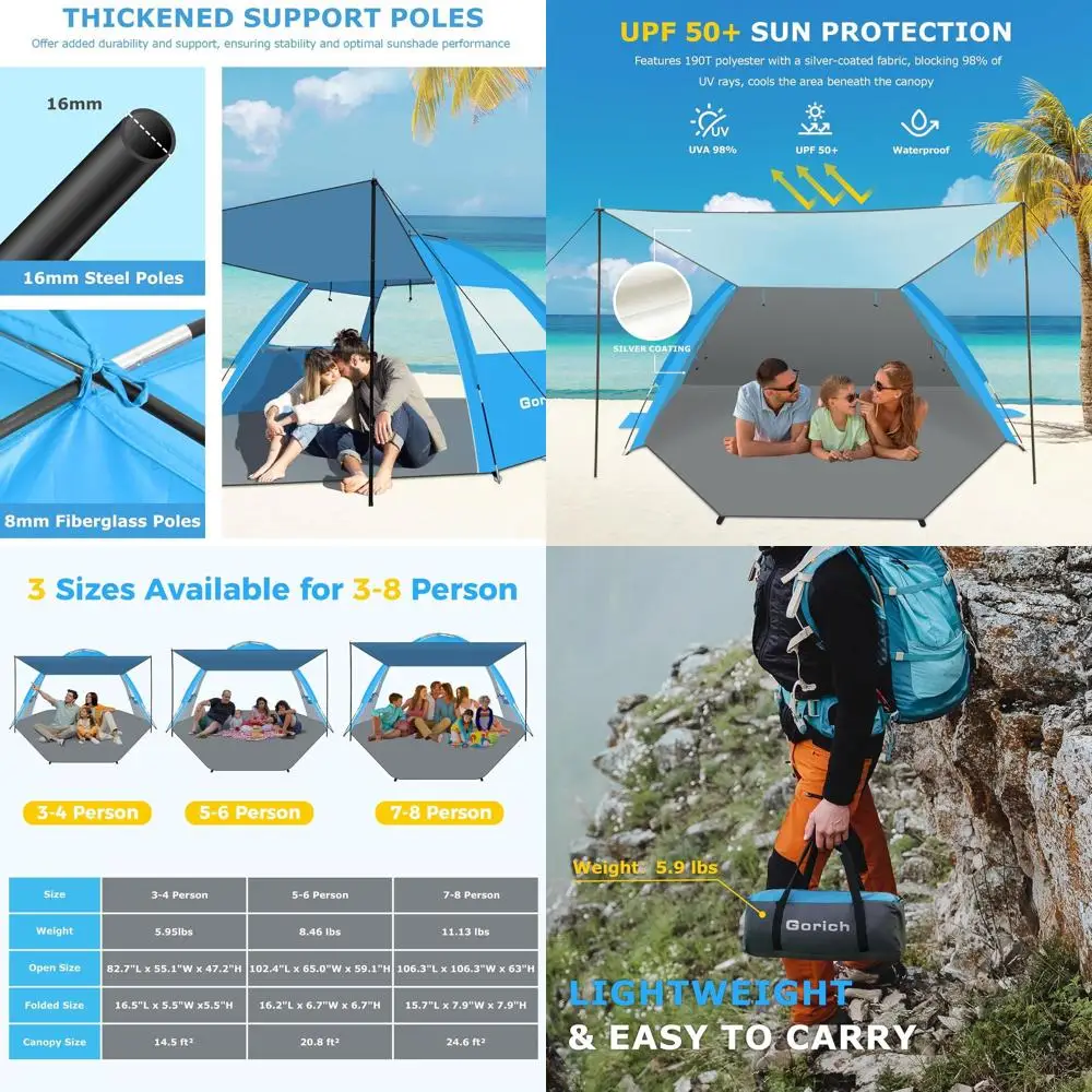 Portable Beach Tent with Canopy for 3-8 People, Quick Setup, UPF 50+ Sun Protection, Lightweight Family Cabana
Portable Beach Tent with Canopy for 3-8 People, Quick Setup, UPF 50+ Sun Protection, Lightweight Family Cabana