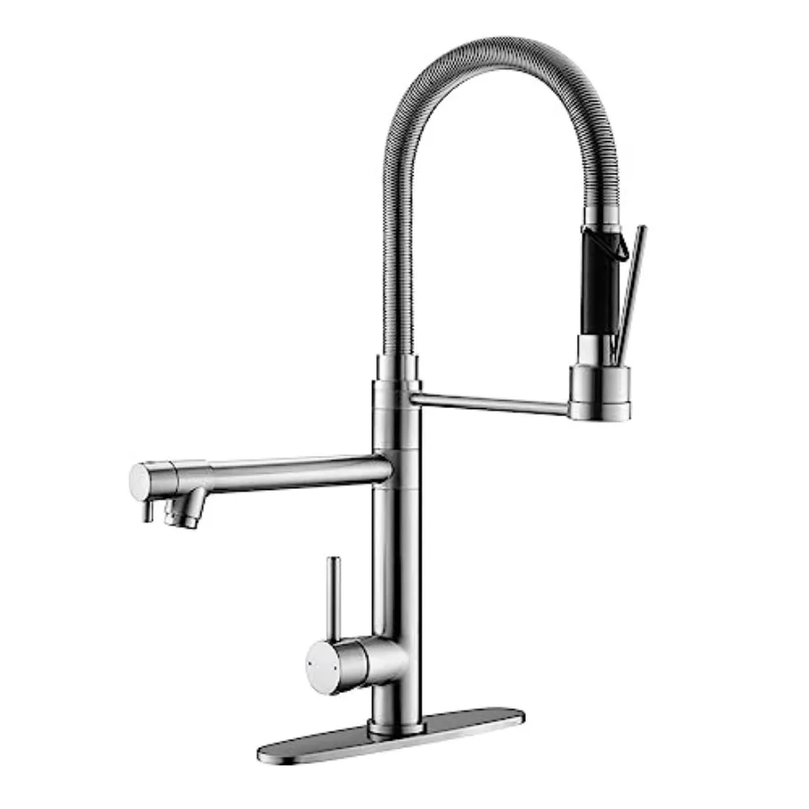 Commercial Dual-Spout Kitchen Sink Faucet with Pull Down Sprayer in Brushed Nickel for Modern Kitchens with High-Pressure Spray
Commercial Dual-Spout Kitchen Sink Faucet with Pull Down Sprayer in Brushed Nickel for Modern Kitchens with High-Pressure Spray