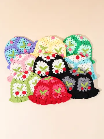 Chapéu balde de crochê artesanal cereja retrô, fio ultra quente, proteção contra frio de inverno, roupa de rua retrô diária/externa, 1 peça