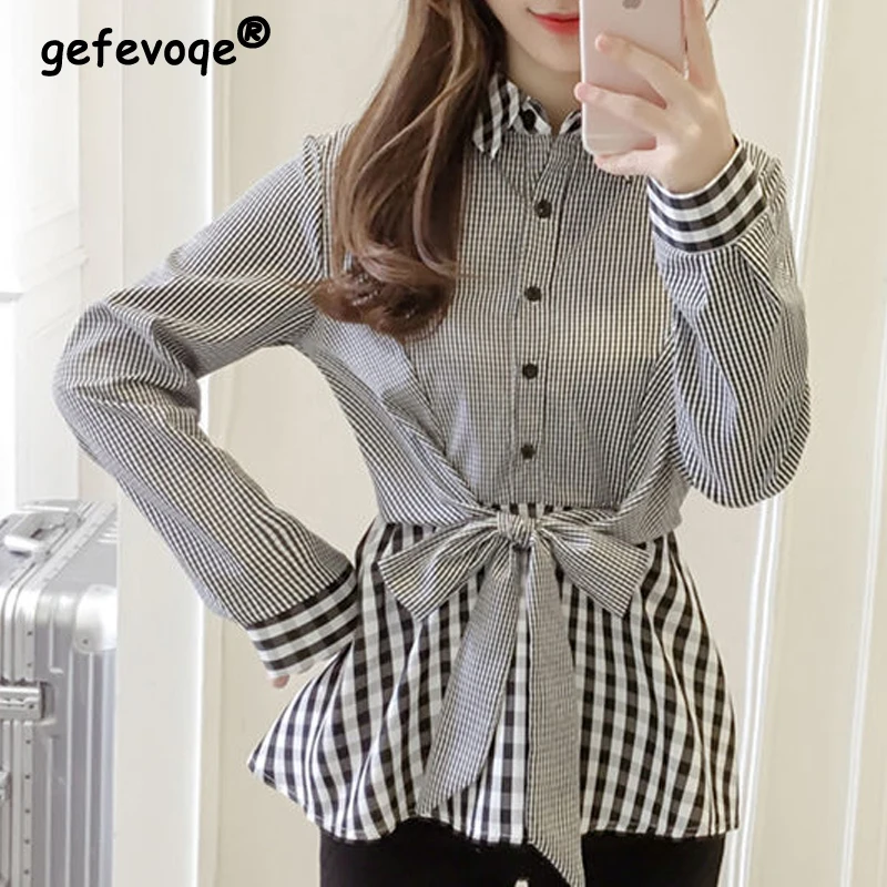 Women Korean Fashion Plaid Print Patchwork Elegant Shirts Casual Bow Lace Up Slim Chic Blouses Long Sleeve Tops Blusas De Mujer
Women Korean Fashion Plaid Print Patchwork Elegant Shirts Casual Bow Lace Up Slim Chic Blouses Long Sleeve Tops Blusas De Mujer