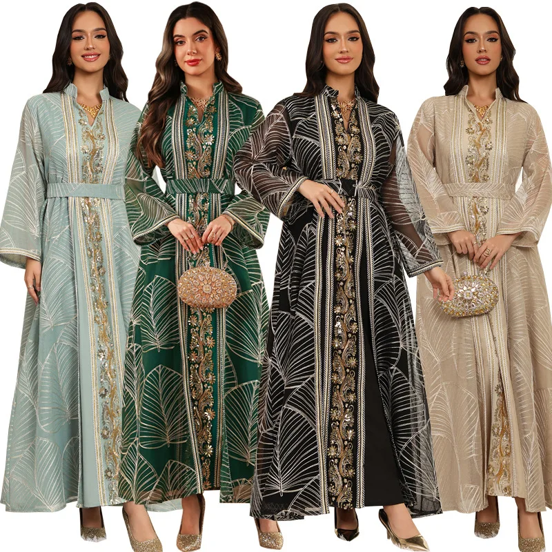 New Muslim women's fashion mesh bead patch applique pullover dress with elegant and socialite style
New Muslim women's fashion mesh bead patch applique pullover dress with elegant and socialite style