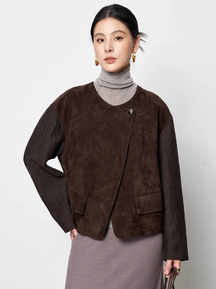 Casual Short Genuine Leather Suede Jackets for Women Spring Autumn 2026 New High-end Simple Linen Spliced Real Goatskin Coat
Casual Short Genuine Leather Suede Jackets for Women Spring Autumn 2026 New High-end Simple Linen Spliced Real Goatskin Coat