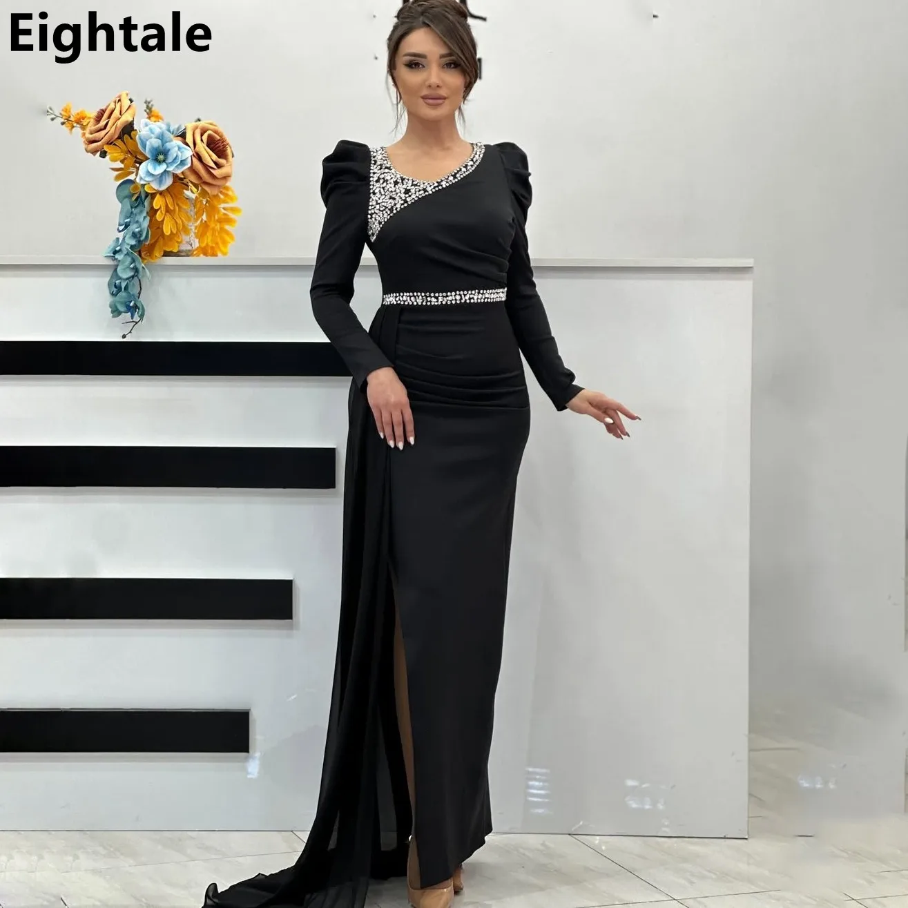 Eightale Black Satin Evening Dress For Wedding Party 2025 Beaded Long Sleeve Sexy Slit Prom Dress Arabic Party Gown Customized
Eightale Black Satin Evening Dress For Wedding Party 2025 Beaded Long Sleeve Sexy Slit Prom Dress Arabic Party Gown Customized