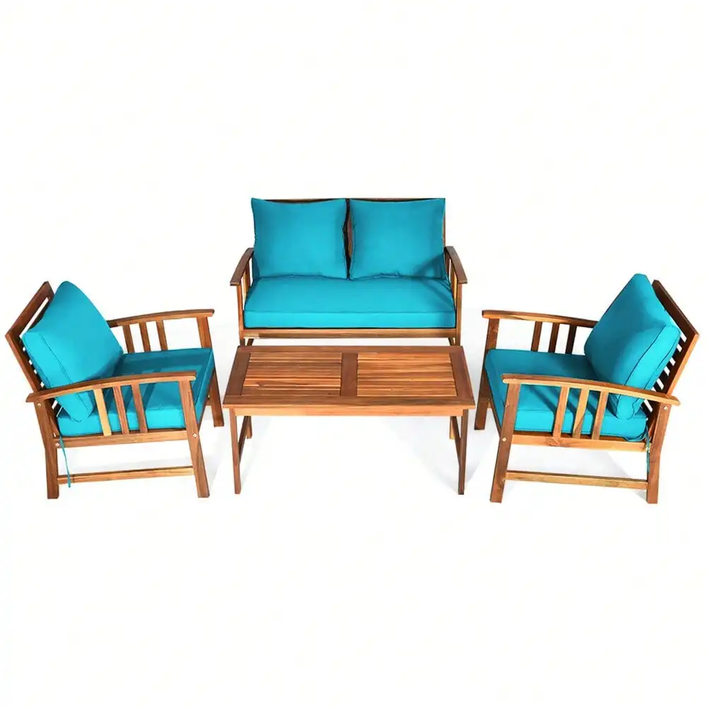 4pcs Wooden Patio Furniture Set Table & Sectional Sofa w/ Turquoise Cushion
4pcs Wooden Patio Furniture Set Table & Sectional Sofa w/ Turquoise Cushion
