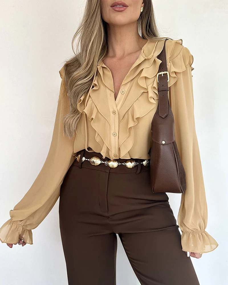 Fashionable Women's Shirt Solid Color Chest Ruffle Lace Up Long Sleeved Shirt Simple Commuting Style Casual Elegant Shirt
Fashionable Women's Shirt Solid Color Chest Ruffle Lace Up Long Sleeved Shirt Simple Commuting Style Casual Elegant Shirt