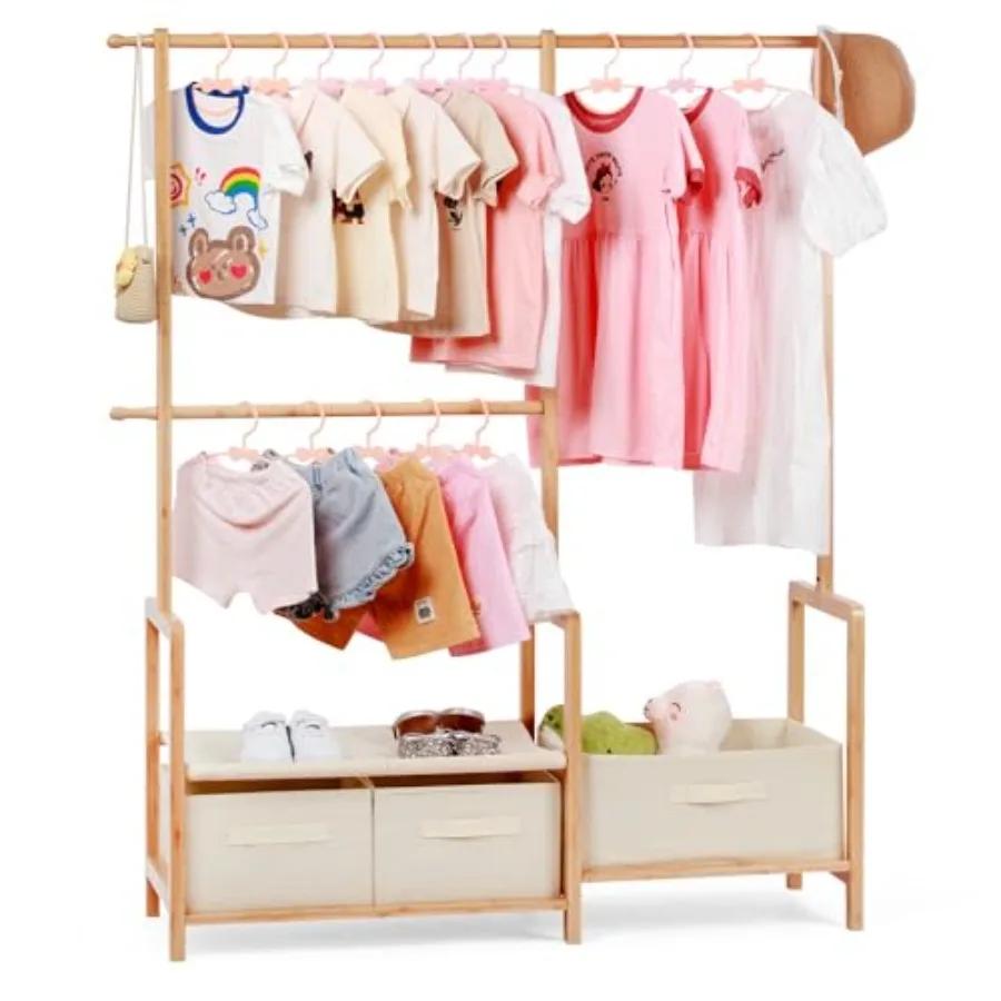 Bamboo Clothing Rack with Triple Hanging Poles Child Dress Up Rack Small Organizer GarmentRack with 3 Storage Bins for Costumes
Bamboo Clothing Rack with Triple Hanging Poles Child Dress Up Rack Small Organizer GarmentRack with 3 Storage Bins for Costumes