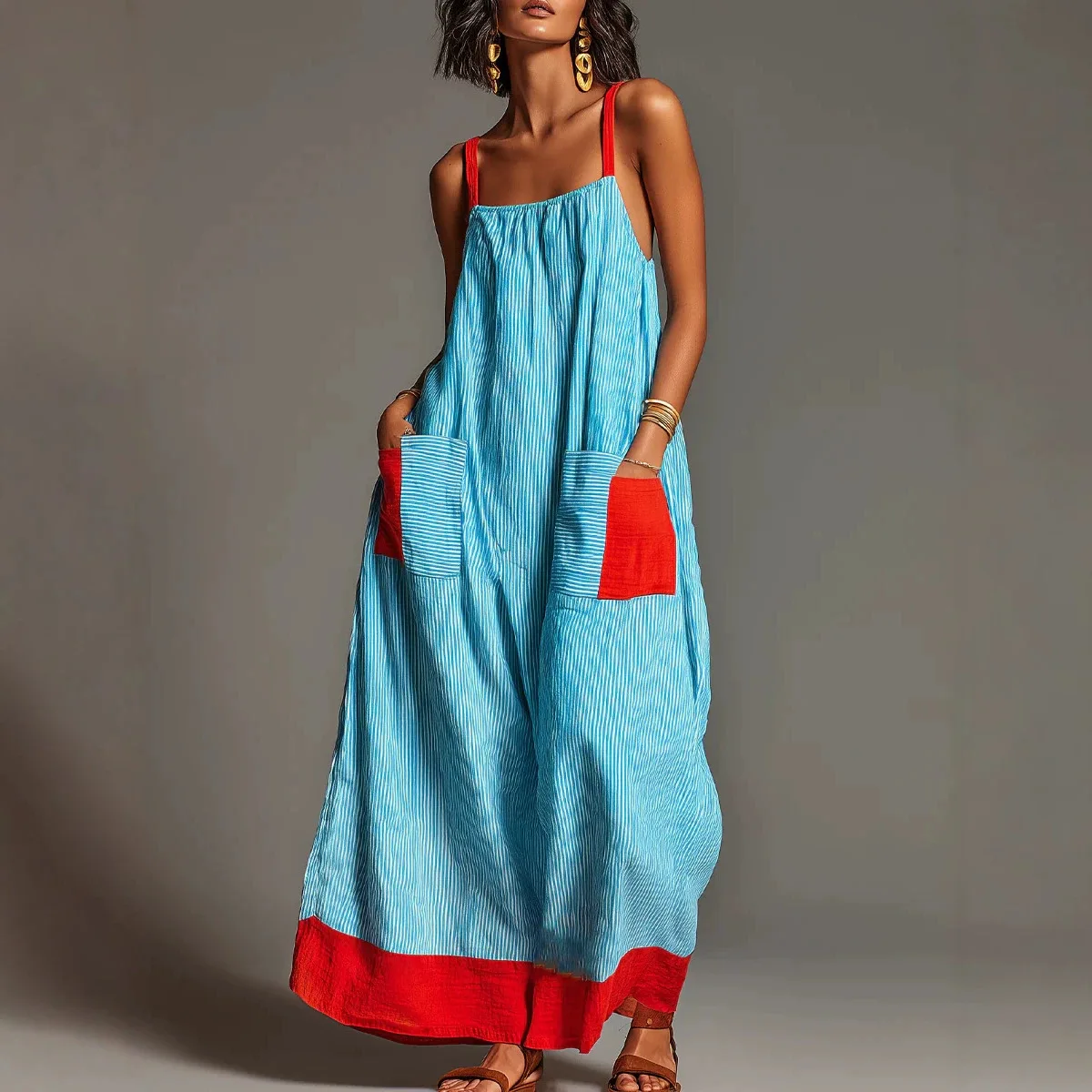 Women's Boho Striped Spaghetti Strap Maxi Dress Color Block Patch Pocket Loose Swing Long Dress Elegant Summer Casual Outfit
Women's Boho Striped Spaghetti Strap Maxi Dress Color Block Patch Pocket Loose Swing Long Dress Elegant Summer Casual Outfit