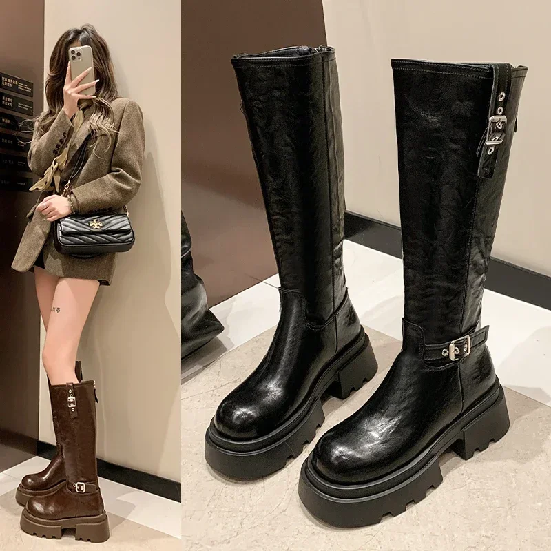 Motorcycle Boots Retro Belt Buckle Round Head High Waterproof Platform Zipper Long Womens Fashion Boots Brown Black Botas Mujer
Motorcycle Boots Retro Belt Buckle Round Head High Waterproof Platform Zipper Long Womens Fashion Boots Brown Black Botas Mujer