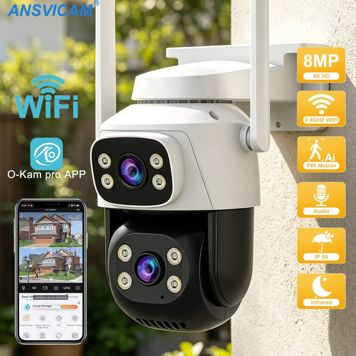 Dual-Screen 8MP PTZ Security Camera Outdoor WiFi IP Cam with Human Detection & Auto Tracking, P2P Audio CCTV Surveillance O-Kam
Dual-Screen 8MP PTZ Security Camera Outdoor WiFi IP Cam with Human Detection & Auto Tracking, P2P Audio CCTV Surveillance O-Kam