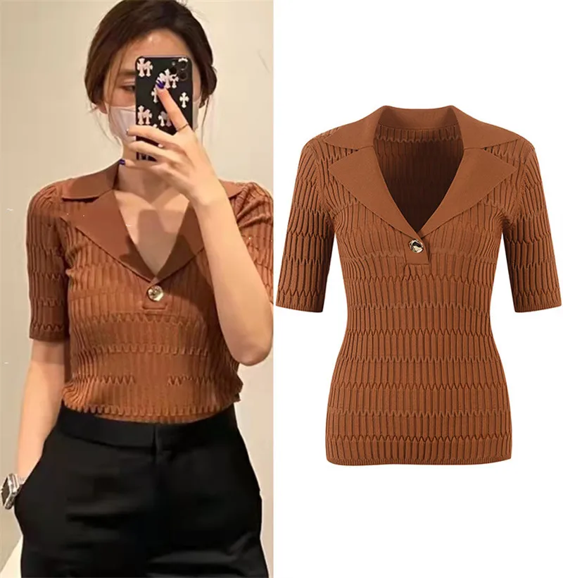 Ele ort Sve Knitted irt with Ribbing And Suit Collar Slim Fit High End Version for Spring Summer Women's Faion 
Ele ort Sve Knitted irt with Ribbing And Suit Collar Slim Fit High End Version for Spring Summer Women's Faion