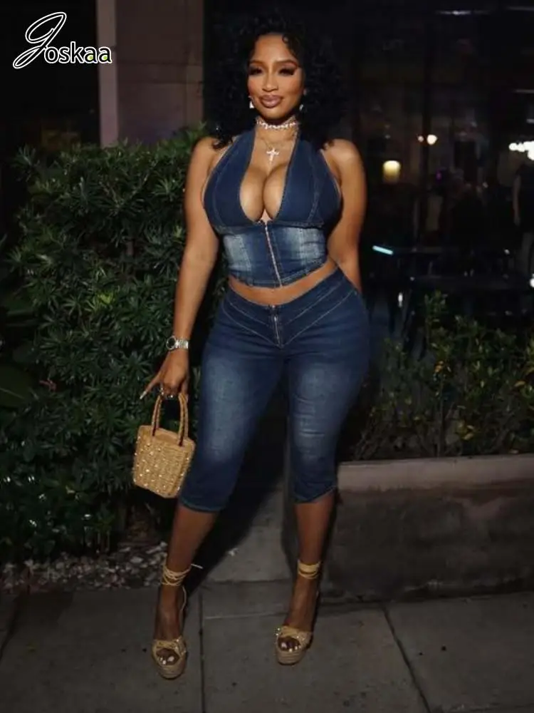 Joskaa Stretch Denim 2 Piece Set Women Sexy Deep V Zip Halter Tank Top and Cropped Jeans Matching 2025 Summer Holiday Streetwear
Joskaa Stretch Denim 2 Piece Set Women Sexy Deep V Zip Halter Tank Top and Cropped Jeans Matching 2025 Summer Holiday Streetwear