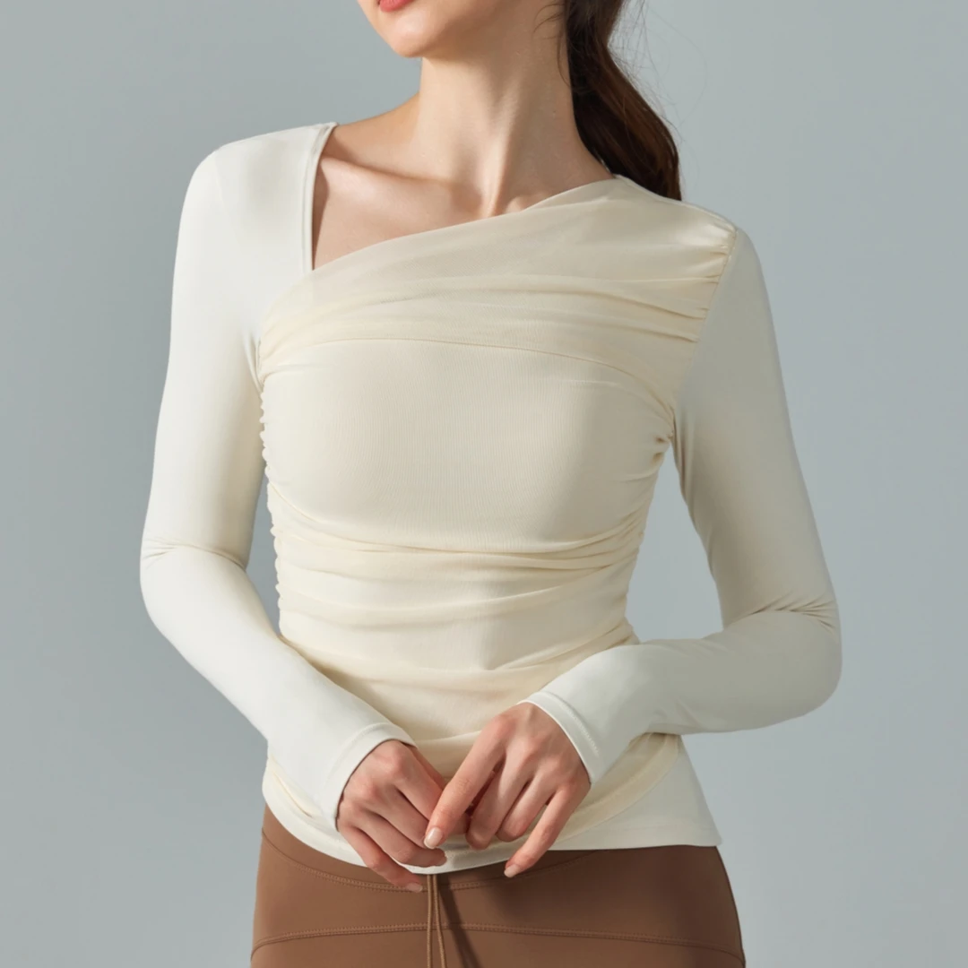 Slant Neck Yoga Long Sleeve T-shirt for Women Mesh Patchwork Sports Top with Chest Cushion Fashionable Slimming Fitness Gym Top
Slant Neck Yoga Long Sleeve T-shirt for Women Mesh Patchwork Sports Top with Chest Cushion Fashionable Slimming Fitness Gym Top