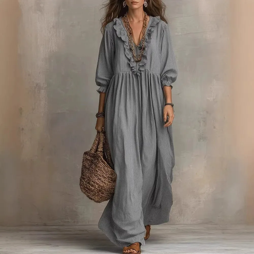 2026 Summer Women's Striped Maxi Dress Ruffle V Neck Long Sleeve High Waist Loose Casual Bohemian Long Dress
2026 Summer Women's Striped Maxi Dress Ruffle V Neck Long Sleeve High Waist Loose Casual Bohemian Long Dress